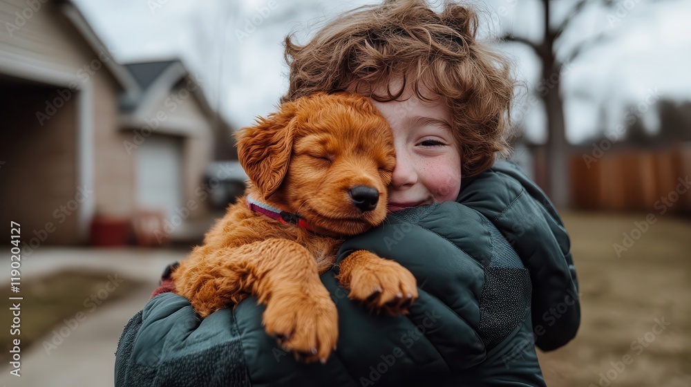 A child hugging a puppy in a sunny backyard. A child hugging a puppy in a sunny backyard.
