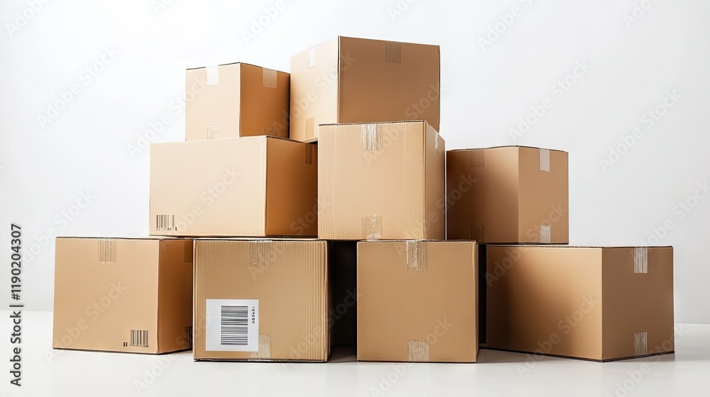 A stack of uniform cardboard boxes with clear markings and tape, isolated against a pristine white background A stack of uniform cardboard boxes with clear markings and tape, isolated against a pristine white background