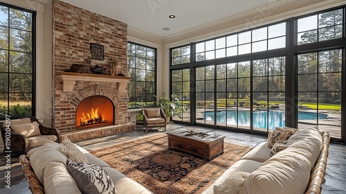 A spacious sunroom is furnished with a grand fireplace and comfortable furniture, perfect for enjoying natural light