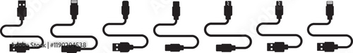 USB cable port icon set. USB type C A lightning and micro usb mobile phone charger vector collection isolated transparent. Plug adapter symbol. Electronic device connector. Smartphone charger sign