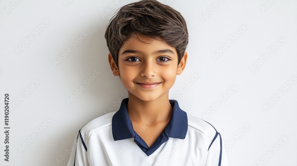 Smiling boy wearing a sporty outfit against a plain background Smiling boy wearing a sporty outfit against a plain background
