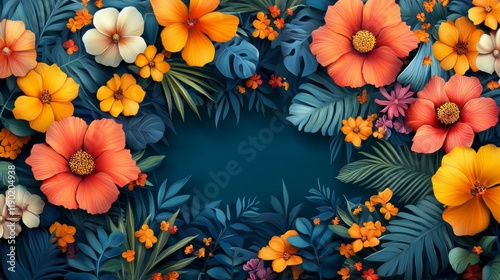 Vibrant tropical floral frame with orange yellow and white hibiscus and lush foliage