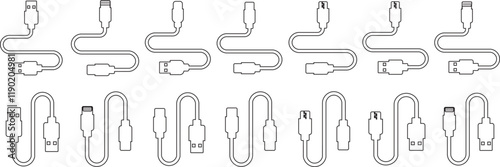 USB cable port icon set. USB type C A lightning and micro usb mobile phone charger vector collection isolated transparent. Plug adapter symbol. Electronic device connector. Smartphone charger sign