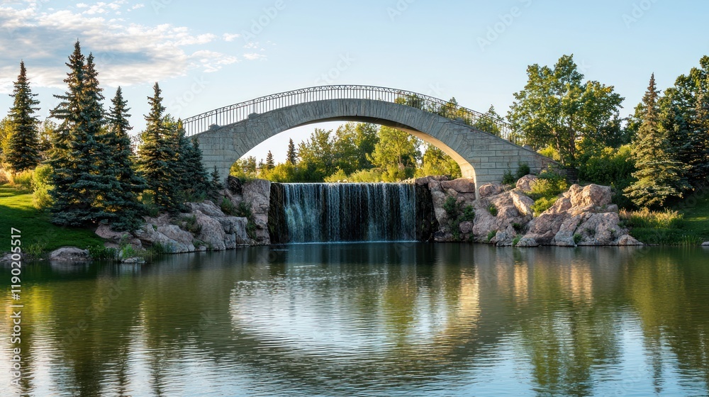 Fototapeta premium Serene arched bridge over cascading waterfall in tranquil park setting.