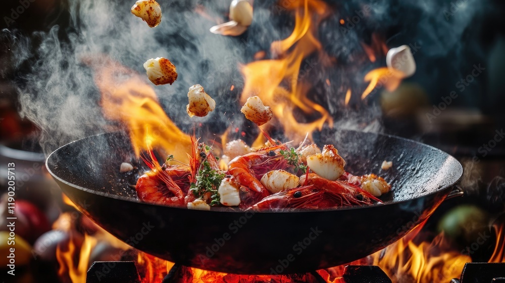 A wok pan tossing fresh seafood, garlic cloves, and herbs into the air, surrounded by glowing flames in a professional kitchen setting A wok pan tossing fresh seafood, garlic cloves, and herbs into the air, surrounded by glowing flames in a professional kitchen setting