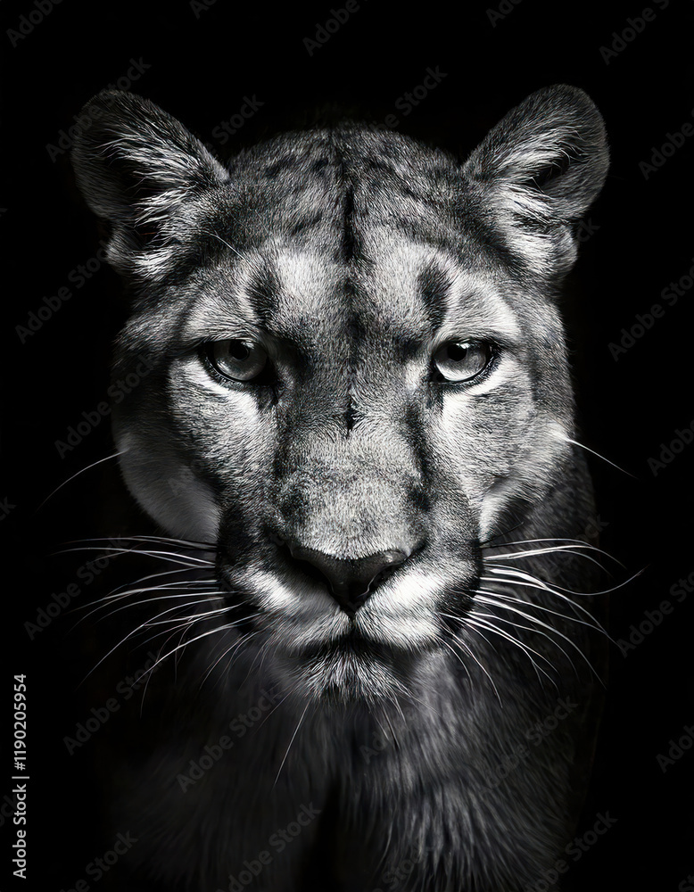 Close-up moody portrait of Mountain Lion (Puma) face with dramatic contrast and depth. Fine art photography portrait. Front of Mountain Lion (Puma) in style of black and white, monochrome
