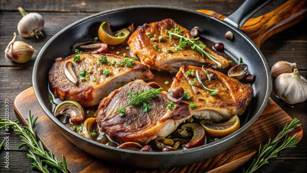 Pan seared pork chops on the bone with caramelized onions and mushrooms in a skillet , earthy flavors, pan fried pork chops Pan seared pork chops on the bone with caramelized onions and mushrooms in a skillet , earthy flavors, pan fried pork chops