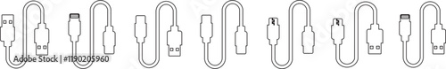 USB cable port icon set. USB type C A lightning and micro usb mobile phone charger vector collection isolated transparent. Plug adapter symbol. Electronic device connector. Smartphone charger sign
