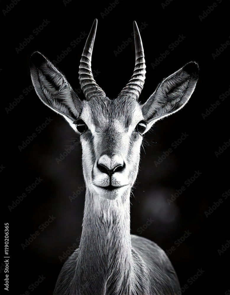 Majestic Gazelle Portrait In Black And White. Dramatic Close-up Wildlife Photography Of African Antelope With Sharp Horns And Expressive Eyes Against Dark Background. Fine Art Print.