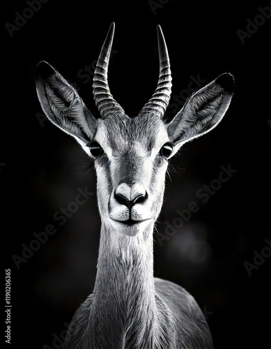 Obraz na płótnie Majestic Gazelle Portrait In Black And White. Dramatic Close-up Wildlife Photography Of African Antelope With Sharp Horns And Expressive Eyes Against Dark Background. Fine Art Print. w salonie