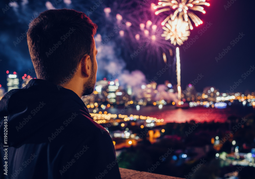 Man Watching Fireworks Over Cityscape at Night Man Watching Fireworks Over Cityscape at Night
