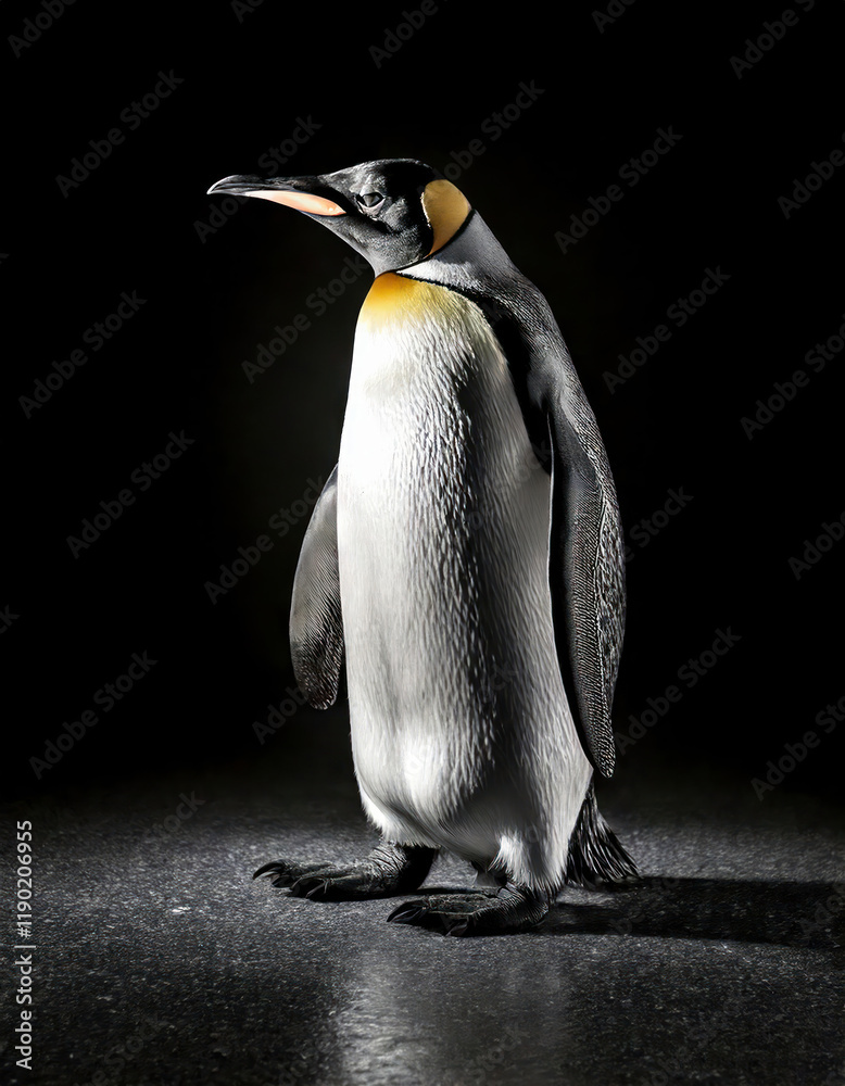 Front of Emperor Penguin in style of black and white, monochrome photography. Fine art print. Close-up moody portrait of Emperor Penguin face with dramatic contrast and depth. Fine art photography.