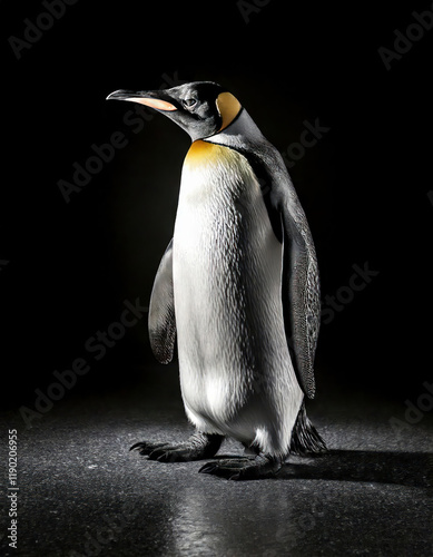 Obraz na płótnie Front of Emperor Penguin in style of black and white, monochrome photography. Fine art print. Close-up moody portrait of Emperor Penguin face with dramatic contrast and depth. Fine art photography. w salonie