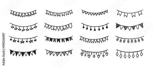 Holiday bunting doodle set. Hand drawn outline birthday garland of flags, hearts, stars, circles. Children doodle drawing