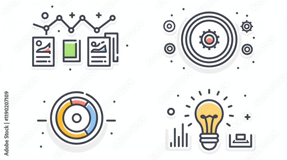 Obraz premium Data analysis icons with charts, graphs, and light bulb ideas
