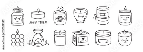 Candle doodle hand drawn icon set. Different shapes of wax candles, cubes, cylinders, balls. Burning candles