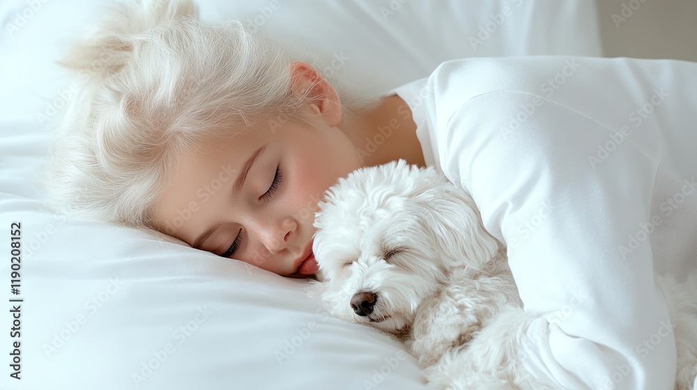 Senior Woman Sleeping with Dog in White Linen Bedding Senior Woman Sleeping with Dog in White Linen Bedding