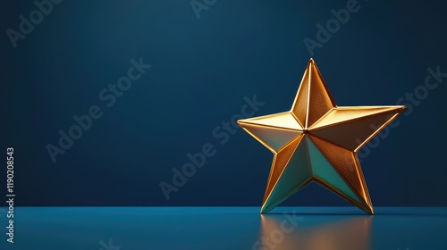 Gold star on a blue background as a reward. First place in a computer game. Top Performance Award. Winners Cup. Goal achievement concept. Winner certificate. Achievements. Victory. photo