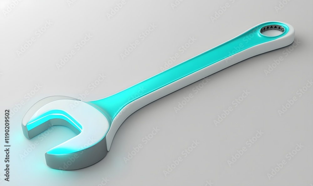 Glowing teal wrench on white background. Glowing teal wrench on white background.