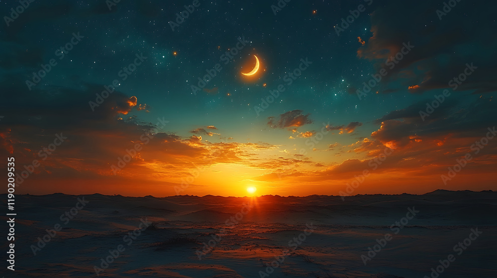 Obraz premium Ramadan background with crescent, stars and glowing clouds above mosque on mountains. Month of Ramadan is that in which was revealed Quran. Mixed media image. 