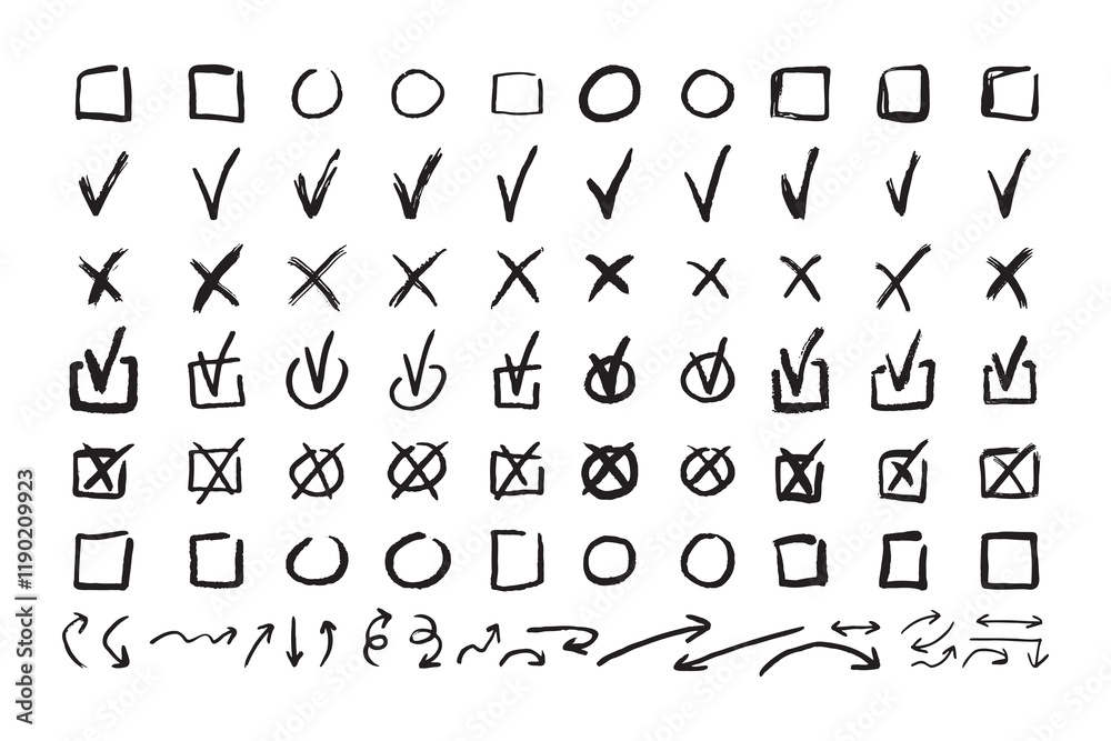 Check marks doodle black line element set, tick and a cross, empty thin box and arrow sign. Grunge hand drawn style Check marks doodle black line element set, tick and a cross, empty thin box and arrow sign. Grunge hand drawn style
