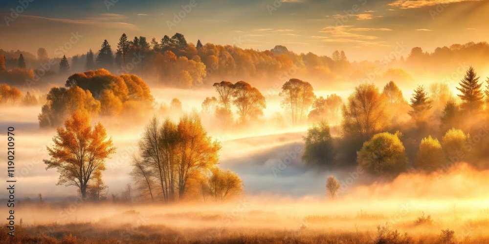 Autumnal Sunrise Over Misty Woodland Landscape, Golden Hour Light Illuminating Trees and Fog Autumnal Sunrise Over Misty Woodland Landscape, Golden Hour Light Illuminating Trees and Fog