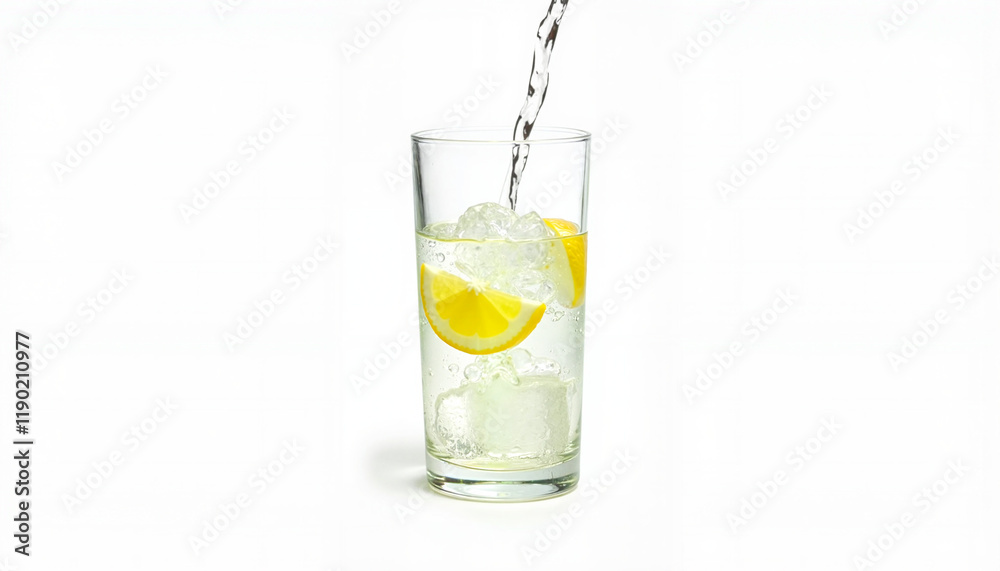 Refreshing gin and tonic with lemon slices and ice in glass Refreshing gin and tonic with lemon slices and ice in glass
