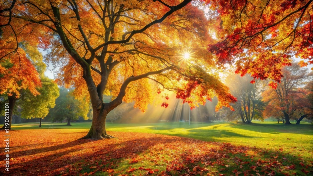 Autumnal splendor A majestic tree bathed in golden sunlight, its branches adorned with vibrant foliage, casting long shadows on a carpet of fallen leaves in a serene park setting. Autumnal splendor A majestic tree bathed in golden sunlight, its branches adorned with vibrant foliage, casting long shadows on a carpet of fallen leaves in a serene park setting.
