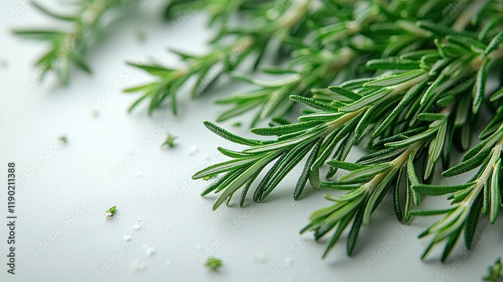 Vibrant Green Rosemary Sprigs on a Light Gray Surface Vibrant Green Rosemary Sprigs on a Light Gray Surface