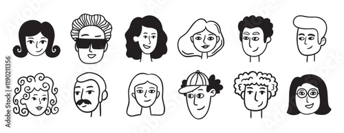 people avatars for social media, website doodle hand drawn icon set. Outline drawing trendy portraits girls and guys line clipart symbol collection. 