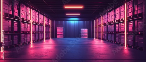 Futuristic Warehouse Interior with Neon Lighting and Shelving Units