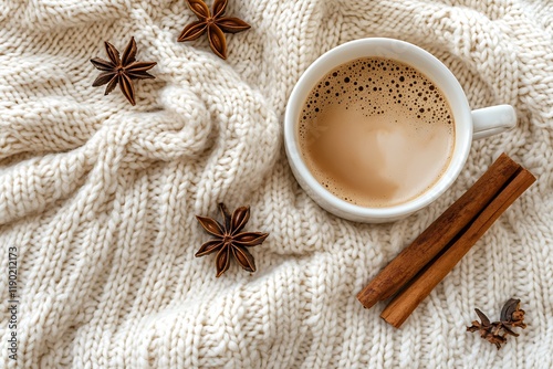 Autumn or winter composition. Coffee cup cinnamo photo