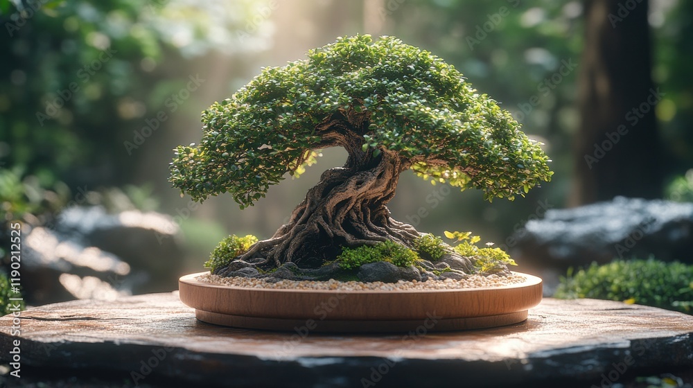 Lush bonsai tree in a garden setting. Lush bonsai tree in a garden setting.