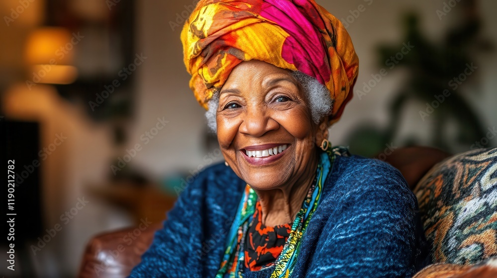 A senior woman laughing while sitting in a cozy living room. A senior woman laughing while sitting in a cozy living room.