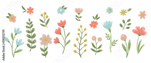 Set of doodle flowers for kids with crayon, chalk or pastel texture. Scandinavian spring floral background. Easter or summer vector illustration.