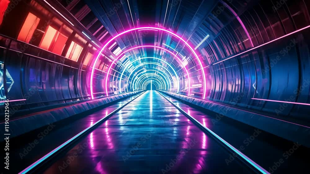 Neon-lit tunnel creates a futuristic atmosphere with vibrant colors and reflections in a modern urban setting
