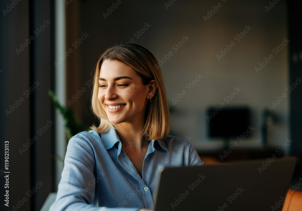 Smiling Woman Working on Laptop in Modern Office Smiling Woman Working on Laptop in Modern Office