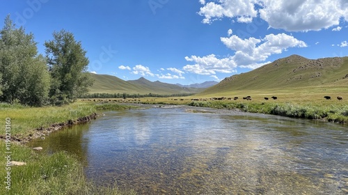 Serene Mountain River Valley Landscape photo