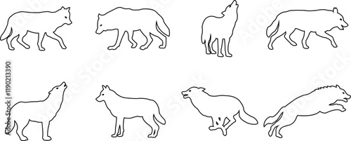 Black wolf silhouette cutout icon set. line vector wolf animal collection isolated on transparent background. Front and side view print tribal tattoo howling design Pagan familiar spirit art