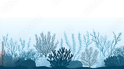 Seaweed and coral silhouettes. Underwater coral reef illustration in a hand drawn style. Illustration of marine aquarium plants. photo