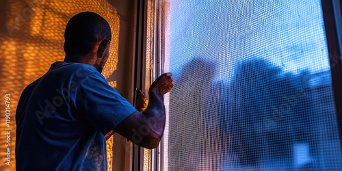 Man Installing Mosquito Net Wire Screen on House Window for Home Protection photo