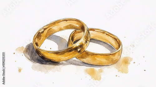 Golden Matrimony: Watercolor Painting of Wedding Rings on White Background