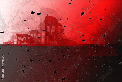 The background is red and black with burned houses, fire.