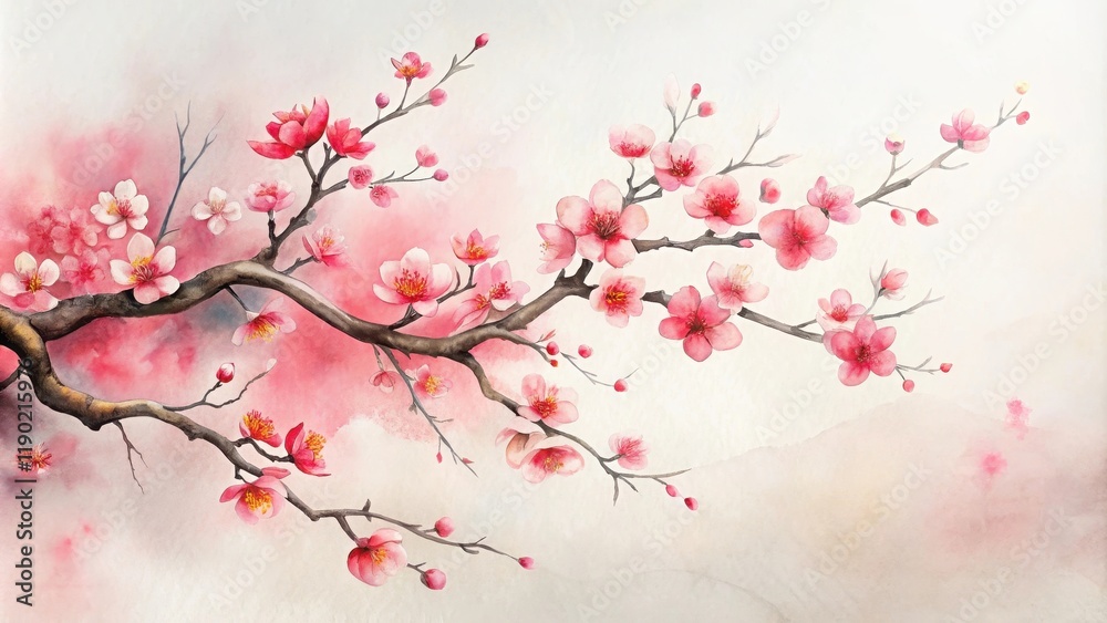 Fototapeta premium Delicate Watercolor Painting of a Blossoming Branch with Pink Flowers and Soft Background