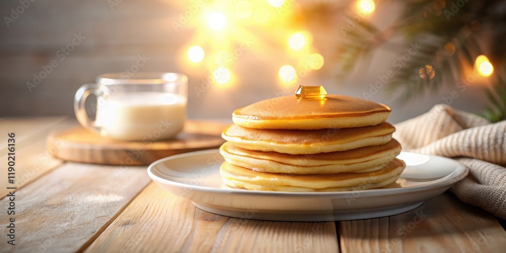 A delightful stack of golden pancakes, drizzled with sweet syrup, sits on a rustic wooden table next to a glass of creamy milk, all bathed in the warm glow of soft lighting. A delightful stack of golden pancakes, drizzled with sweet syrup, sits on a rustic wooden table next to a glass of creamy milk, all bathed in the warm glow of soft lighting.