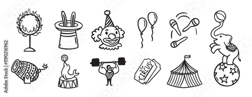 Circus doodle hand drawn icon set. Outline drawing circus line clipart symbol collection