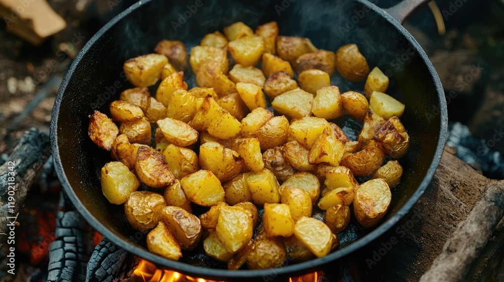 A cast iron pot filled with diced potatoes cooking over an open fire. A cast iron pot filled with diced potatoes cooking over an open fire.