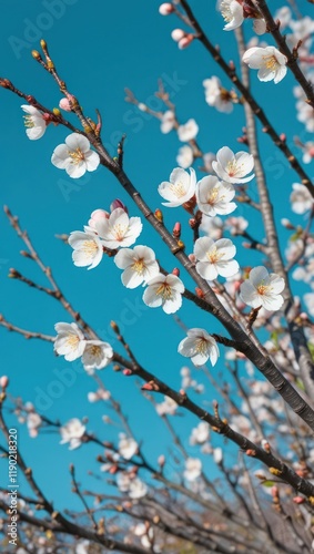 A branch of a cherry tree blossoms with white flowers against the blue spring sky