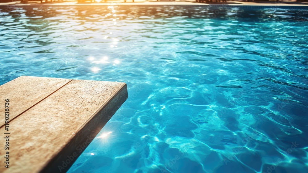 Obraz premium A clear blue swimming pool with diving board and lounging area under the sun.