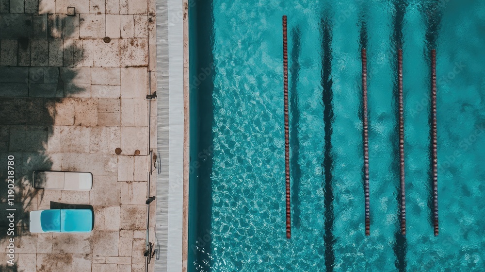A clear blue swimming pool with diving board and lounging area under the sun. A clear blue swimming pool with diving board and lounging area under the sun.